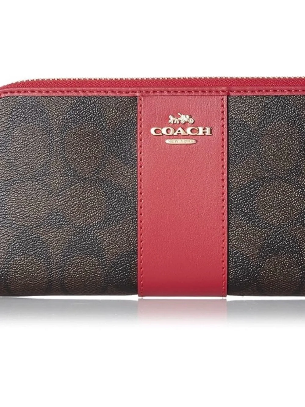 Coach Brown Signature Zip Wallet with Red Trim